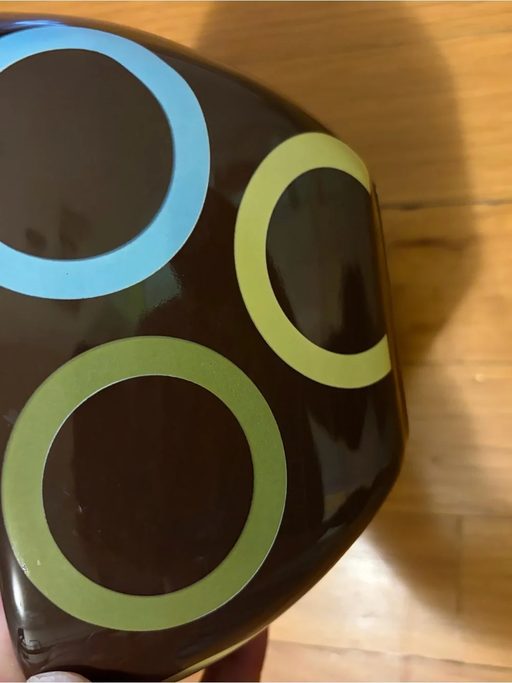 Modern Brown “Chocolate” Ceramic Bowl with Blue and Yellow/Green Circle Accents